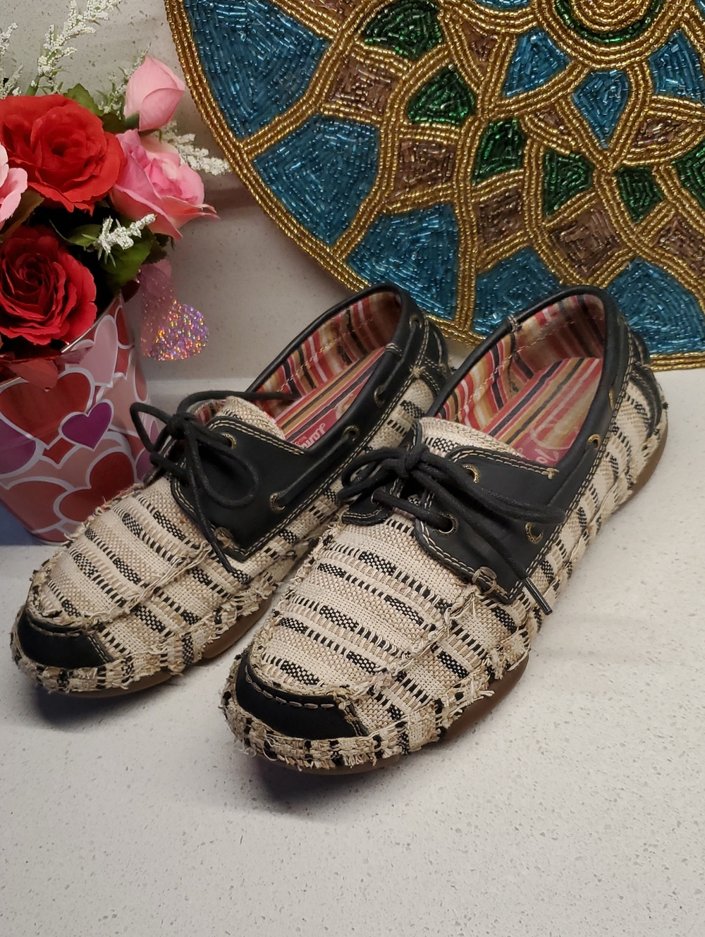 TONY LAMA Beige and Black Woven Driving Loafers (sz 8.5)